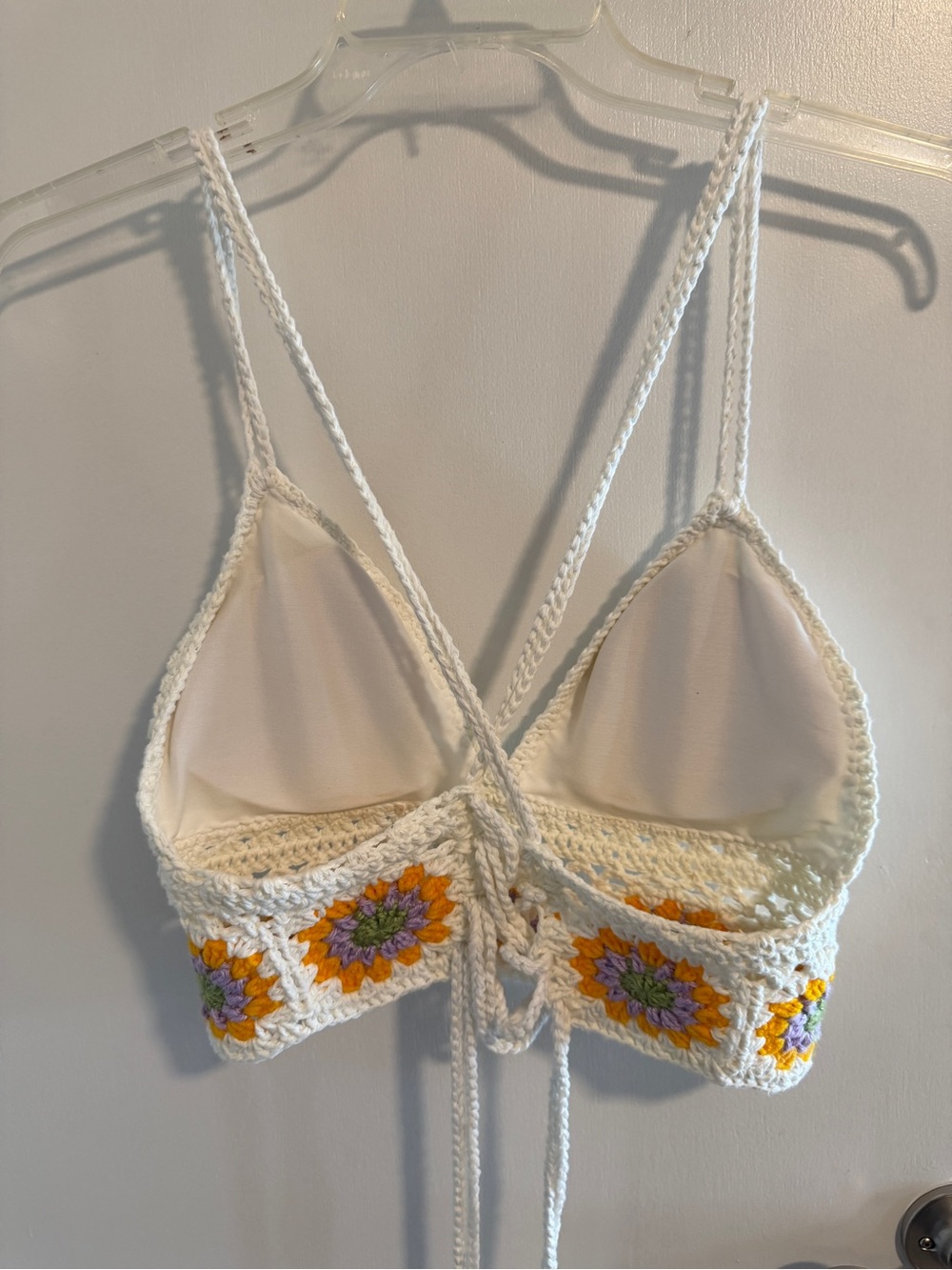 Handmade White Crochet Bralette with Yellow Floral Trim size medium - Picture 3 of 3
